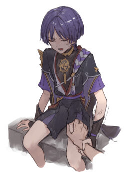 1boy 1girl absurdres anger_vein arm_at_side armor black_kimono black_shorts black_sleeves blunt_ends bodystocking closed_eyes cropped_legs eyelashes eyeliner eyeshadow genshin_impact gold han&#039;eri hand_on_another&#039;s_thigh hand_under_clothes hand_under_shorts highres holding_another&#039;s_arm japanese_armor japanese_clothes jewelry kimono kote kurokote layered_clothes layered_kimono layered_sleeves lower_teeth_only makeup mitsudomoe_(shape) molestation neck_ring o-ring open_clothes open_hand open_kimono open_mouth purple_hair purple_rope purple_sash purple_sleeves red_eyeliner red_eyeshadow red_kimono rope sash scaramouche_(genshin_impact) shimenawa short_sleeves shorts sitting tassel teeth tomoe_(symbol) trembling white_background white_rope white_trim yamabuki_(yamabuki_xxxxx)