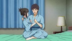 animated anime_screenshot audible_speech blush breasts english_audio holding_hands nande_koko_ni_sensei_ga!? nipples own_hands_clasped robe sound tagme video