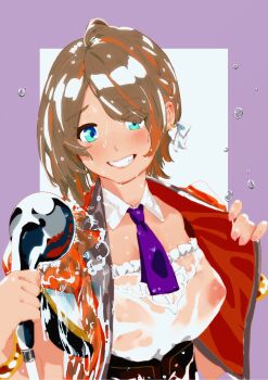 1girl animated animated_gif bien_(user_xxch3875) blinking blue_eyes blush breasts brown_hair collar commentary_request covered_erect_nipples detached_collar grin highres jacket looking_at_viewer looping_animation medium_breasts multicolored_hair nanashi_inc. necktie nipples no_bra open_clothes open_jacket orange_hair orange_jacket purple_background purple_necktie shirt short_hair short_sleeves shower_head smile solo strapless strapless_shirt touri_sei touri_sei_(1st_costume) two-tone_background two-tone_hair upper_body virtual_youtuber water wet wet_clothes wet_hair wet_shirt white_background white_collar white_shirt