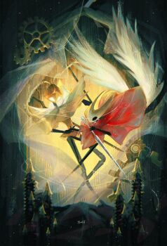 1girl 1other arthropod_girl artist_name black_eyes black_skin cloak colored_skin commentary duel dynamic_pose english_commentary feathered_wings full_body gears highres holding holding_weapon hollow_eyes hollow_knight hollow_knight:_silksong horned_mask hornet_(hollow_knight) mask na_chloridee needle_(hollow_knight) red_cloak second_sentinel_(hollow_knight) weapon white_cloak white_eyes white_mask white_wings wings