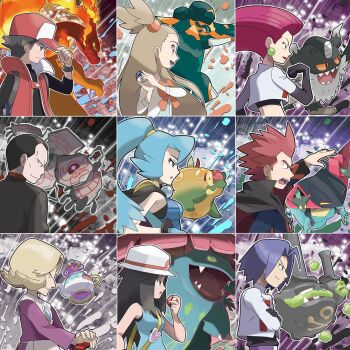 4boys 5girls @_@ adjusting_clothes adjusting_headwear agatha_(pokemon) ahoge appletun aqua_eyes aqua_hair aqua_shirt baseball_cap black_cape black_gloves black_hair black_jacket black_shirt blonde_hair blue_hair bow bracelet breasts brown_eyes brown_hair cape charizard clair_(pokemon) claws closed_mouth commentary copperajah crop_top crossed_arms dragapult dreepy dress dynamax earrings elbow_gloves english_commentary eyelashes fire floating from_side galarian_form galarian_weezing gen_1_pokemon gen_8_pokemon gigantamax gigantamax_charizard giovanni_(pokemon) gloves great_ball green_eyes grin hair_bobbles hair_intakes hair_ornament hand_on_headwear hat highres holding holding_poke_ball horns jacket james_(pokemon) jessie_(pokemon) jewelry lance_(pokemon) leaf_(pokemon) lipstick long_hair long_sleeves makeup mega_stone midriff multiple_boys multiple_girls nintendo official_style open_mouth orange_bow outline perrserker pink_hair poke_ball poke_ball_(basic) pokemon pokemon_(anime) pokemon_(creature) pokemon_frlg pokemon_hgss pokemon_lgpe pokemon_masters_ex polteageist ponytail purple_dress red_(pokemon) red_(sygna_suit)_(pokemon) red_hair red_hat red_vest runerigus sharp_teeth shirt short_hair sleeveless sleeveless_shirt smile spiked_hair spiral-only_eyes team_rocket team_rocket_uniform teeth tom_higgins two_side_up upper_body very_short_hair vest vs_seeker white_hat white_jacket white_outline