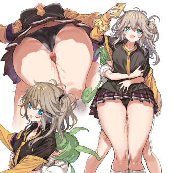 1boy 1girl black_panties black_shirt blue_eyes blush breasts brown_skirt cameltoe cardigan cellphone censored collared_shirt commentary_request cum cum_on_body cum_on_legs ejaculation fang genderswap genderswap_(ftm) green_hair green_shorts grey_hair hetero highres holding holding_phone hug hug_from_behind jewelry kasukabe_tsumugi long_hair long_sleeves looking_at_another low_ponytail magatama magatama_necklace medium_breasts messy_hair miniskirt mole mole_under_eye mosaic_censoring mutsutake necklace open_mouth paid_reward_available panties pea_pod penis phone plaid_clothes plaid_skirt ponytail shirt shorts simple_background skirt smartphone smile thigh_sex underwear voiceroid voicevox white_background white_shirt yellow_cardigan zundamon