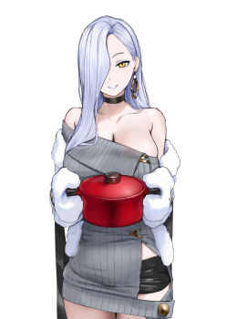 1girl bare_shoulders black_shorts blue_lips breasts choker cleavage commentary_request cooking_pot dress earrings eyeliner fate/grand_order fate_(series) grey_dress grin hair_over_one_eye hebi_nyoubou_(fate) hoop_earrings jacket jewelry kamo_ashi large_breasts long_hair long_sleeves looking_at_viewer makeup mrs._snake_(second_ascension)_(fate) off_shoulder short_shorts shorts smile solo sweater sweater_dress white_hair white_jacket yellow_eyes