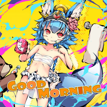 animal_ears armpits bare_shoulders bear blue_hair blush_stickers braid brushing_teeth chest_sarashi collarbone commentary_request cup dutch_angle english_text flat_chest flipped_hair flower fox_ears fox_tail fundoshi hair_between_eyes hair_flower hair_ornament hairband heart highres himegami_kagura holding holding_cup holding_toothbrush japanese_clothes long_hair low_twin_braids morning ms06s mug official_art orange_eyes pink_flower sarashi shingetsuko_(himegami_kagura) short_eyebrows smile tail thick_eyebrows toothbrush toothpaste towel towel_rack twin_braids v-shaped_eyebrows