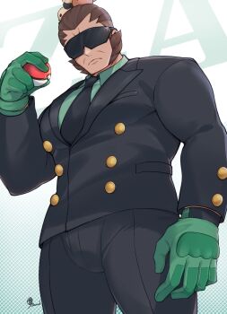 1boy arm_up black_jacket black_necktie black_pants brown_hair buttoned_cuffs buttons closed_mouth collared_shirt commentary_request facial_hair feet_out_of_frame gloves green_gloves green_shirt halftone halftone_background highres holding holding_poke_ball jacket lapels male_focus mutton_chops necktie nintendo pants poke_ball poke_ball_(basic) pokemon pokemon_legends:_z-a saund_r_pu shirt solo sunglasses vinnie_(pokemon)