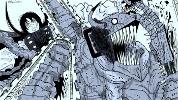 1boy 1girl absurdres black_hair breasts chainsaw chainsaw_devil chainsaw_man collared_shirt denji_(chainsaw_man) hair_between_eyes highres jab long_hair meme nandsjoestar naoya_hitting_choso_without_looking_(meme) open_mouth punching ringed_eyes scene_reference sharp_teeth shirt simple_background teeth white_background white_shirt yoru_(chainsaw_man)