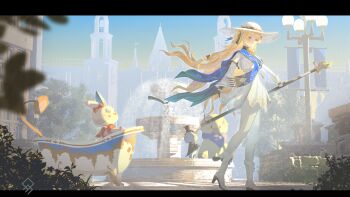 Rule 34 | 1girl, absurdres, artist logo, blonde hair, blue eyes, blue sash, blue sky, boots, commentary, cuddle wuddle (wuthering waves), day, english commentary, hat, high heel boots, high heels, highres, hocus pocus (wuthering waves), holding, holding staff, letterboxed, logo, long hair, looking at viewer, looking to the side, outdoors, pantyhose, phoebe (wuthering waves), qurami, sash, shirt, skirt, sky, staff, tacet discord (wuthering waves), tubpup (wuthering waves), white boots, white hat, white pantyhose, white shirt, white skirt, wuthering waves