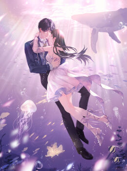 Rule 34 | 1boy, 1girl, absurdres, arm around waist, arms around neck, black pants, black shoes, brown hair, closed eyes, collared shirt, couple, detached sleeves, dress, earrings, fish, full body, grey jacket, hetero, highres, jacket, jellyfish, jewelry, kazula ggnr, long hair, love and deepspace, pants, parted bangs, protagonist (love and deepspace), purple hair, rafayel (love and deepspace), see-through clothes, see-through sleeves, shirt, shoes, short hair, sleeveless, sleeveless dress, strappy heels, underwater, whale, white dress, white shirt, white shoes