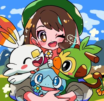 1girl :d black_eyes blue_eyes blush_stickers bob_cut brown_eyes brown_hair cardigan closed_eyes flower gen_8_pokemon gloria_(pokemon) green_hat grey_cardigan grookey hat holding holding_flower hug long_sleeves looking_at_viewer monkey nintendo one_eye_closed open_mouth outdoors pokemon pokemon_(creature) pokemon_swsh rabbit scorbunny short_hair simple_background smile sobble starter_pokemon_trio upper_body yoshishi_(yosisitoho)