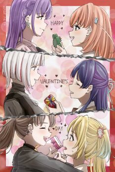 Rule 34 | 6+girls, :d, black sweater, blonde hair, blue hair, blue ribbon, box, braid, brown hair, cerise bouquet, chain, chain necklace, closed eyes, commentary request, crown braid, dollchestra, eye contact, flower, fujishima megumi, fujishima megumi (post-graduation), gift, glomp, gradient hair, grey jacket, grey sweater, hair flower, hair ornament, hair ribbon, half updo, happy valentine, hasu no sora school uniform, heart, heart-shaped box, highres, hino (hinonoq), hinoshita kaho, holding, holding gift, hug, jacket, jewelry, link! like! love live!, long hair, looking at another, love live!, medium hair, mira-cra park!, multicolored hair, multiple girls, murano sayaka, necklace, open mouth, orange hair, osawa rurino, otomune kozue, otomune kozue (post-graduation), pink flower, pink shirt, ponytail, profile, purple hair, rabbit hair ornament, red ribbon, red streaks, ribbon, sailor collar, school uniform, shirt, sidelocks, smile, streaked hair, suit jacket, sweater, teardrop necklace, turtleneck, turtleneck sweater, twintails, two side up, valentine, virtual youtuber, white hair, white sailor collar, winter uniform, yugiri tsuzuri, yugiri tsuzuri (post-graduation), yuri