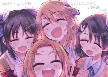Rule 34 | 4girls, ^ ^, across the stars (idolmaster), aiguillette, artist name, black hair, blush, closed eyes, commentary request, dated, facing viewer, flower hairpin, forehead, hair ornament, hikawa shou, idolmaster, idolmaster cinderella girls, idolmaster cinderella girls u149, multiple girls, official alternate costume, orange hair, rabbit hair ornament, ryuzaki kaoru, sasaki chie, short hair, signature, simple background, smile, sweat, tachibana arisu, teeth, upper teeth only, v, white background, yuuki haru