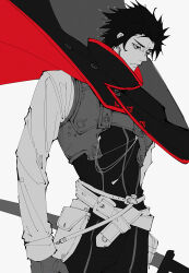 Rule 34 | 1boy, absurdres, belt, belt pouch, black cloak, buttons, chest harness, cloak, collared cloak, fate/grand order, fate (series), gloves, greyscale, harness, haruakira, highres, hijikata toshizou (fate), katana, long sleeves, male focus, monochrome, pouch, red cloak, short hair, solo, spot color, sword, two-tone cloak, weapon