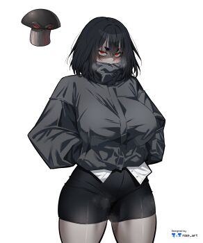 1girl absurdres artist_name bike_shorts black_hair black_shorts bob_cut breasts commentary covered_mouth cowboy_shot creature_and_personification doom-shroom_(plants_vs._zombies) english_commentary glowing grey_jacket hand_in_pocket highres jacket large_breasts long_hair long_sleeves nisp_art personification plants_vs._zombies red_eyes shorts simple_background solo steam steaming_body taut_clothes thighs white_background
