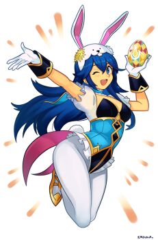 1girl ;d animal_hood artist_name blue_eyes blue_hair brand_of_the_exalt breasts cleavage commentary easter_egg egg english_commentary fake_tail fire_emblem fire_emblem_awakening fire_emblem_heroes gloves hair_between_eyes highres holding holding_egg hood long_hair looking_at_viewer lucina_(fire_emblem) lucina_(spring_exalt)_(fire_emblem) nintendo official_alternate_costume one_eye_closed open_mouth pantyhose puffy_short_sleeves puffy_sleeves rabbit_hood rabbit_tail short_sleeves smgold smile solo symbol_in_eye tail teeth upper_teeth_only white_gloves white_pantyhose