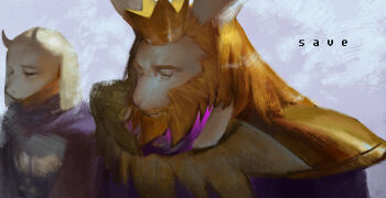 1boy 1girl armor asgore_dreemurr beard blonde_hair blue_background closed_eyes commentary_request crown dress english_text facial_hair furrowed_brow furry furry_female furry_male goat_boy goat_girl goat_horns gold_crown highres horns long_hair long_sleeves mature_male pauldrons purple_dress quirrel_(gharnedanshyo) shoulder_armor snout thick_eyebrows toriel undertale upper_body utdr_(toby_fox) white_horns