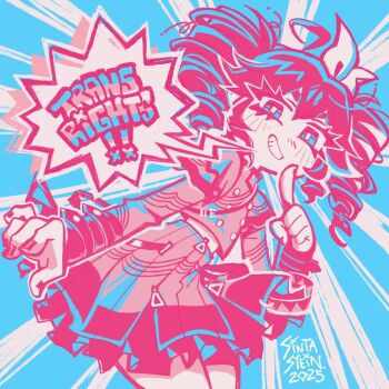 Rule 34 | 1girl, 2025, ahoge, arm at side, artist name, blue background, blue eyes, bow, bright pupils, buttons, commentary request, cowboy shot, double-breasted, double-parted bangs, drill hair, finger to own chin, flat chest, from below, grey jacket, grey skirt, grin, hair between eyes, hair bow, hand up, index finger raised, jacket, kasane teto, kasane teto (sv), layered sleeves, leaning forward, limited palette, long sleeves, looking at viewer, medium hair, midriff, musical staff, musical staff print, nail polish, pink hair, pink nails, portuguese commentary, short over long sleeves, short sleeves, shoulder belt, shoulder boards, sintastein, skirt, smile, solo, speech bubble, standing, synthesizer v, transgender flag, turtleneck, turtleneck jacket, twin drills, two-tone background, utau, white background, white bow, white pupils