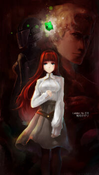 Rule 34 | 1boy, 1girl, alexis leskinen, black pantyhose, blue eyes, breasts, clenched hand, dress shirt, high-waist skirt, highres, hihei xiaobai, long hair, medium breasts, pantyhose, red hair, science adventure, shiina kagari, shirt, skirt, steins;gate, steins;gate 0, tagme, very long hair