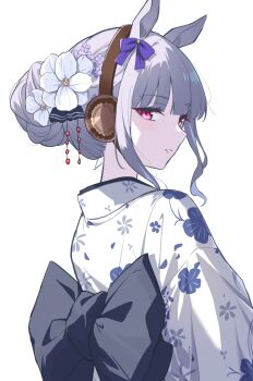 1girl animal_ears black_bow bow commentary ear_bow floral_print floral_print_kimono flower from_behind gold_ship_(umamusume) grey_hair hair_bun hair_flower hair_ornament halo highres horse_ears horse_girl japanese_clothes kimono looking_at_viewer obi_bow parted_lips print_kimono purple_bow red_eyes reia_76 simple_background smile solo symbol-only_commentary umamusume white_background white_flower white_kimono
