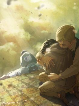 2boys aged_down artist_name black_hair blonde_hair boots brown_boots brown_jacket brown_pants brown_shoes child cloak closed_eyes cloud cloudy_sky collared_shirt comforting commentary_request crying erwin_smith furrowed_brow green_cloak head_down highres hood hood_down hooded_jacket hug jacket kasagana_i kneeling levi_(shingeki_no_kyojin) male_focus multiple_boys pants shingeki_no_kyojin shirt shoes short_hair sky sunlight survey_corps_(emblem) thick_eyebrows vest white_pants white_shirt