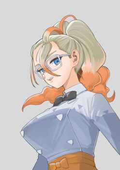 1girl :d apron black_bow black_bowtie blue_eyes bow bowtie collared_shirt commentary_request glasses grey_background grey_shirt griselle_(pokemon) hair_between_eyes happy highres long_hair mrsusan_desu multicolored_hair nintendo open_mouth orange_apron pokemon pokemon_legends:_z-a shirt simple_background smile solo teeth upper_teeth_only waist_apron