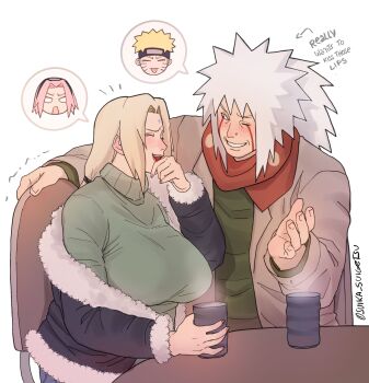 2boys 2girls blonde_hair coat haruno_sakura highres jiraiya_(naruto) long_hair multiple_boys multiple_girls naruto_(series) open_clothes open_coat scarf speech_bubble suika_suigetsu sweater teacher_and_student thought_bubble tsunade_(naruto) uzumaki_naruto white_hair winter_clothes