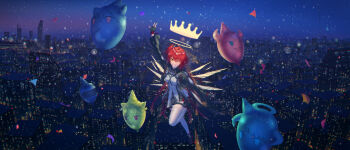 1girl absurdres angel arknights arm_behind_back arm_up bird black_gloves black_jacket blush breasts character_balloon cityscape cloud_(1301146185) commentary_request cropped_jacket crow dress energy_wings exusiai_(arknights) exusiai_the_new_covenant_(arknights) fingerless_gloves full_body gloves grin hair_between_eyes halo hand_up happy highres hood hooded_jacket jacket medium_breasts medium_hair midair night open_clothes open_jacket orange_eyes red_hair side_ponytail skindentation smile solo thighhighs thighs upper_body white_dress wings