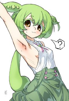 1girl 7kitte :3 ? absurdres arm_up armpit_focus armpits blush breasts brown_eyes closed_mouth commentary_request cowboy_shot green_hair green_shorts highres long_hair looking_at_viewer low_ponytail pea_pod ponytail shirt shorts sideboob simple_background sleeveless sleeveless_shirt small_breasts smile solo spoken_question_mark voiceroid voicevox white_background white_shirt zundamon