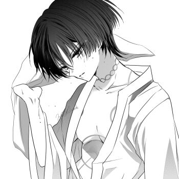 Rule 34 | 1boy, arm at side, bishounen, blunt bangs, body markings, collarbone, commentary request, genshin impact, greyscale, hand up, hhlxxm, holding, holding towel, japanese clothes, kimono, looking down, male focus, monochrome, open clothes, open kimono, parted lips, pectorals, scaramouche (genshin impact), solo, three-quarter sleeves, towel, tsurime, twitter username, upper body, wanderer (genshin impact), wet, wet hair, white background, wispy bangs