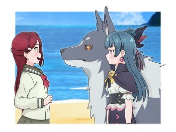 2girls absurdres beach black_capelet black_skirt blouse blue_hair blue_sky blunt_bangs blurry blurry_background border bow bowtie buttons capelet commentary double-breasted earrings genjitsu_no_yohane grey_sailor_collar grey_skirt hair_ornament hairclip heart heart_earrings highres in-franchise_crossover jewelry lailaps_(genjitsu_no_yohane) long_hair long_sleeves love_live! love_live!_sunshine!! maine0104 multiple_girls orange_eyes outdoors pleated_skirt puffy_short_sleeves puffy_sleeves red_bow red_bowtie red_hair sailor_collar sakurauchi_riko scared school_uniform serafuku shirt short_sleeves sidelocks skirt sky tsushima_yoshiko twitter_username uranohoshi_school_uniform white_border white_shirt winter_uniform wolf yellow_eyes yohane_(genjitsu_no_yohane)