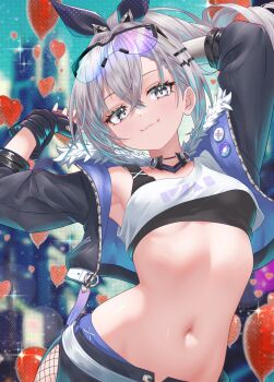 1girl :3 arched_back armpits balloon black_gloves black_jacket black_shirt breasts closed_mouth collar commentary_request crop_top cropped_jacket fingerless_gloves fishnets gloves goggles goggles_on_head grey_eyes grey_hair hair_between_eyes hair_ribbon heart_balloon highres honkai:_star_rail honkai_(series) jacket long_hair long_sleeves looking_at_viewer medium_breasts midriff nanaki24 navel open_clothes open_jacket ponytail ribbon shirt silver_wolf_(honkai:_star_rail) sleeveless sleeveless_shirt smile solo stomach upper_body white_shirt