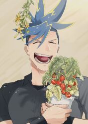 Rule 34 | 1boy, black wristband, blue hair, cherry tomato, closed eyes, collared shirt, facing viewer, flower pot, galo thymos, grey background, grey shirt, highres, holding, holding flower pot, male focus, open mouth, plant, potted plant, promare, shirt, short hair, spiked hair, sumi wo hakuneko, teeth, tomato, wet, wet hair