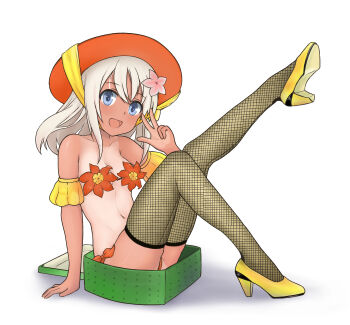1girl absurdres andreypavlow bikini blonde_hair blue_eyes breasts feet fishnet_thighhighs fishnets flower hair_flower hair_ornament hat high_heels highres kantai_collection leg_up legs_up long_hair one-piece_tan orange_bikini orange_hat ro-500_(kancolle) shoes small_breasts smile solo stiletto_heels swimsuit tan tanline thighhighs thighs yellow_shoes