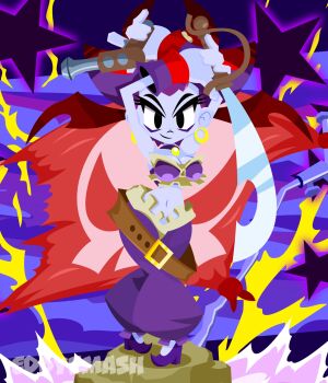 Rule 34 | 1girl, arms up, artist name, colored skin, commentary, earrings, eddysmash2407, english commentary, gun, harem pants, hat, highres, holding, holding gun, holding sword, holding weapon, hoop earrings, jewelry, navel, pants, pirate costume, pirate hat, purple skin, risky boots, shantae (series), solo, star (symbol), sword, watermark, weapon