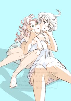 2girls absurdres arms_around_neck barefoot blue_background blue_shorts cheek-to-cheek closed_mouth commentary green_eyes gundam gundam_suisei_no_majo hand_on_another's_shoulder hashtag-only_commentary heads_together highres hug hug_from_behind kon_osm long_hair miorine_rembran multiple_girls pink_shorts red_hair shadow shirt shorts simple_background strap_slip suletta_mercury watermark white_hair white_shirt yuri