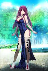 Rule 34 | 1girl, bare shoulders, bench, blue dress, blue sky, boots, breasts, cleavage, criss-cross halter, day, dress, earrings, fire emblem, fire emblem engage, fishnet thighhighs, fishnets, fountain, full body, gloves, halter dress, halterneck, highres, ivy (fire emblem), jewelry, large breasts, long hair, looking at viewer, mole, mole under mouth, nintendo, outdoors, pelvic curtain, purple eyes, purple hair, sky, sleeveless, sleeveless dress, smile, solo, standing, thighhighs, thighs, tsukishiro saika, very long hair, white footwear, white gloves