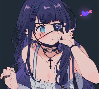 1girl :t aiba_uiha bags_under_eyes bare_shoulders black_background black_nails blue_eyes blunt_bangs blush bow bracelet breasts choker cleavage closed_mouth collarbone dark_background dress earrings eyepatch facial_mark hair_bow hair_ornament hairclip helix_piercing jewelry long_hair looking_to_the_side nail_polish necklace nijisanji one_eye_covered piercing pout purple_bow purple_hair shimada71_72 simple_background sleeveless sleeveless_dress solo upper_body white_dress