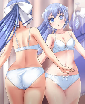 :o absurdres ass back blue_eyes blue_hair blurry blurry_background blush bow bow_bra bow_panties bra breasts cleavage commentary_request commission crotch_seam depth_of_field fitting_room hair_ornament hair_ribbon hairclip highres indoors lace lace-trimmed_bra lace-trimmed_panties lace_trim looking_at_viewer navel original panties partial_commentary pixiv_commission ponytail reflection ribbon school_uniform small_breasts standing underwear underwear_only unworn_clothes white_bra white_panties white_ribbon zanntetu