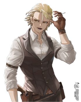 1boy absurdres arm_strap belt black_lips black_pants black_vest blonde_hair brown_gloves brown_vest cigarette collared_shirt dr._stone fangs gloves gun hair_slicked_back handgun highres holding holding_cigarette holster holstered looking_to_the_side makeup male_focus mitsuru_(aica_hikari) pants revolver scar scar_across_eye scar_on_face shirt short_hair simple_background sleeve_garter sleeves_rolled_up smoking solo stanley_snyder_(dr.stone) vest waistcoat weapon white_background white_shirt yellow_eyes