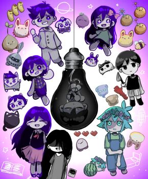 Rule 34 | 3girls, 5boys, animalization, antenna hair, arms behind back, aubrey (headspace) (omori), aubrey (omori), barefoot, basil (headspace) (omori), basil (omori), black eyes, black hair, black shorts, black socks, blue overalls, blue shirt, blush, bow, bread, bread slice, bright pupils, bug bunny (omori), cat, checkered clothes, chibi, chibi only, closed eyes, closed mouth, collarbone, collared pajamas, collared shirt, commentary, copypasta (omori), dog, double-parted bangs, dress, dual persona, expressionless, flower, flower wreath, food, forest bunny? (omori), forest bunny (omori), green eyes, green hair, green shirt, grin, hair between eyes, hair bow, harold (omori), hashtag-only commentary, head wreath, heart, hector (omori), hero (headspace) (omori), hero (omori), highres, holding, holding knife, jash (omori), kel (headspace) (omori), kel (omori), knife, light bulb, long hair, long shirt, long sleeves, looking at viewer, mari (faraway) (omori), mari (headspace) (omori), mari (omori), mewo, mr. plantegg (omori), multiple boys, multiple girls, no eyes, nosan572, omori, omori (omori), overall shorts, overalls, pajamas, pants, person and animalization, pet rock, pink bow, pleated skirt, purple eyes, purple hair, purple shoes, purple shorts, purple sweater vest, rabbit, red skirt, shaded face, shirt, shoes, short hair, short sleeves, shorts, sidelocks, skirt, smile, socks, spelling bee (omori), sprout mole, striped clothes, striped pajamas, striped pants, striped shorts, stuffed eggplant, stuffed toy, sunny (omori), sweater vest, t-shirt, teeth, toast, toast ghost (omori), tongue, two-tone shorts, u.f.o. (omori), upper teeth only, vertical-striped clothes, vertical-striped pajamas, vertical-striped pants, vertical-striped shorts, very long hair, white pajamas, white pants, white pupils, white shirt, white shorts