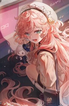 1girl :d alternate_costume aqua_eyes bag beret black_bag black_shoes black_shorts braid character_doll commentary dasha doll english_commentary hair_spread_out hat highres humanization long_hair nautika_(reverse:1999) open_mouth pink_hair reverse:1999 shirt shoes shorts shoulder_bag smile solo thighhighs vertin_(reverse:1999) very_long_hair white_hat white_shirt white_thighhighs