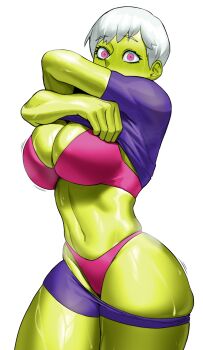 1girl absurdres breasts cheelai cleavage clothes_lift colored_skin curvy dragon_ball dragon_ball_super female_focus green_skin highres large_breasts looking_at_viewer navel pink_eyes shirt_lift short_hair skindentation solo sotcho sweat thick_thighs thighs very_sweaty white_hair