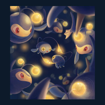 absurdres animal_focus antennae chinchou colored_sclera commentary_request cross-shaped_pupils evolutionary_line fish fuju1012 gen_2_pokemon highres lanturn nintendo no_humans open_mouth pokemon pokemon_(creature) pokemon_focus smile symbol-shaped_pupils underwater yellow_sclera