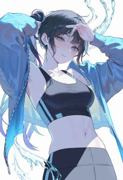 1girl black_hair black_pants black_sports_bra blue_eyes blue_hair blue_jacket blue_nails breasts gradient_hair highres jacket long_hair medium_breasts mole mole_under_eye multicolored_hair myabit nail_polish navel open_clothes open_jacket original pants solo sports_bra sweatdrop tying_hair