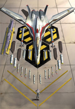 1boy aircraft airplane armor bad_id bad_pixiv_id bomb emblem equipment_layout explosive gunpod hangar highres i.t.o_daynamics jet looking_at_viewer looking_up macross macross_frontier male_focus mecha missile nuclear_weapon pilot_suit realistic robot s.m.s. salute saotome_alto science_fiction solo spacesuit vehicle_focus vf-25 weapon