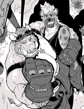 2boys animal_ears bandaid bandaid_on_face bandaid_on_nose bara beard black_tank_top boar_boy boar_ears boar_tail broad_shoulders chest_tuft chinstrap_beard face_piercing facial_hair fang from_above furry furry_male gloves goggles goggles_on_head greyscale grin highres huge_pectorals hyena_boy hyena_ears male_focus monochrome multiple_boys muscular muscular_male nipples nose_piercing nose_ring original overalls piercing saltypoundcake size_difference smile sweat tank_top thick_arms thick_eyebrows tusks