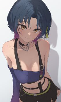 1girl absurdres bare_shoulders black_bridal_gauntlets black_choker black_hair black_shorts black_sports_bra blouse bra_strap braid bridal_gauntlets brown_eyes chain chain_necklace choker closed_mouth colored_inner_hair commentary_request cowboy_shot crop_top cross-laced_slit curtained_hair grey_background highres jewelry kaekae_kaeru leaning_forward long_sleeves midriff multicolored_hair necklace nijisanji no_jacket off-shoulder_shirt off_shoulder official_alternate_costume official_alternate_hair_length official_alternate_hairstyle pixie_cut purple_hair purple_shirt shadow shirt short_shorts shorts side_braid silver_necklace simple_background single_bridal_gauntlet single_sleeve single_suspender slit_pupils solo sports_bra virtual_youtuber yamagami_karuta yamagami_karuta_(4th_costume)