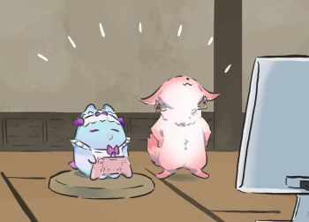 :3 animal apron bow closed_eyes commentary controller earrings flydigi_apex_wireless_controller fox full_body game_controller genshin_impact holding holding_controller indoors jewelry maid_headdress monitor no_humans purple_bow sitting standing symbol-only_commentary tatami xinzoruo yae_miko yae_miko_(fox) yumemizuki_mizuki