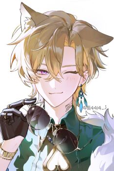 Rule 34 | 1boy, animal ear fluff, animal ears, armlet, aventurine (honkai: star rail), belt, belt collar, black belt, black gloves, blonde hair, cat ears, closed mouth, clothing cutout, collar, commentary, earrings, fur trim, gloves, green shirt, hair between eyes, heart cutout, highres, holding, holding removed eyewear, honkai: star rail, honkai (series), jewelry, kemonomimi mode, looking at viewer, male focus, neck tattoo, one eye closed, parted bangs, purple eyes, q (llll4414 j), ring, shirt, short hair, simple background, single earring, smile, sunglasses, symbol-only commentary, tattoo, twitter username, unworn eyewear, upper body, white background
