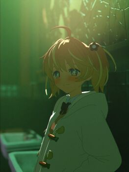 +_+ 1girl 3d against_wall ahoge bathroom blender_(medium) blonde_hair blurry blush bow bowtie bright_pupils carrot cel_rendering closed_mouth collared_shirt depth_of_field flower green_theme hair_flower hair_ornament highres hood hood_down hoodie indoors light_smile long_sleeves looking_at_viewer medium_hair multicolored_eyes multicolored_hair open_clothes open_hoodie orange_hair pink_eyes purple_eyes red_bow red_bowtie rinne_(rinrinne) rinrinne rinrinne39_(artist) school_uniform shirt sink solo split_mouth standing streaked_hair two_side_up upper_body virtual_youtuber wall white_hoodie white_pupils white_shirt