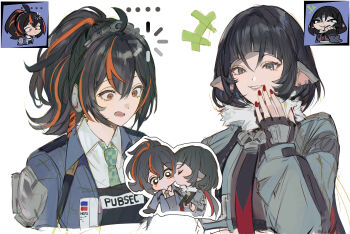 2girls ahoge black_gloves black_hair blue_jacket chibiya1010 clothes_writing commentary fingerless_gloves gloves grey_eyes highres jacket jane_doe_(zenless_zone_zero) kiss loading_icon long_hair multiple_girls nail_polish open_clothes open_jacket open_mouth orange_eyes ponytail red_nails white_background yuri zenless_zone_zero zhu_yuan